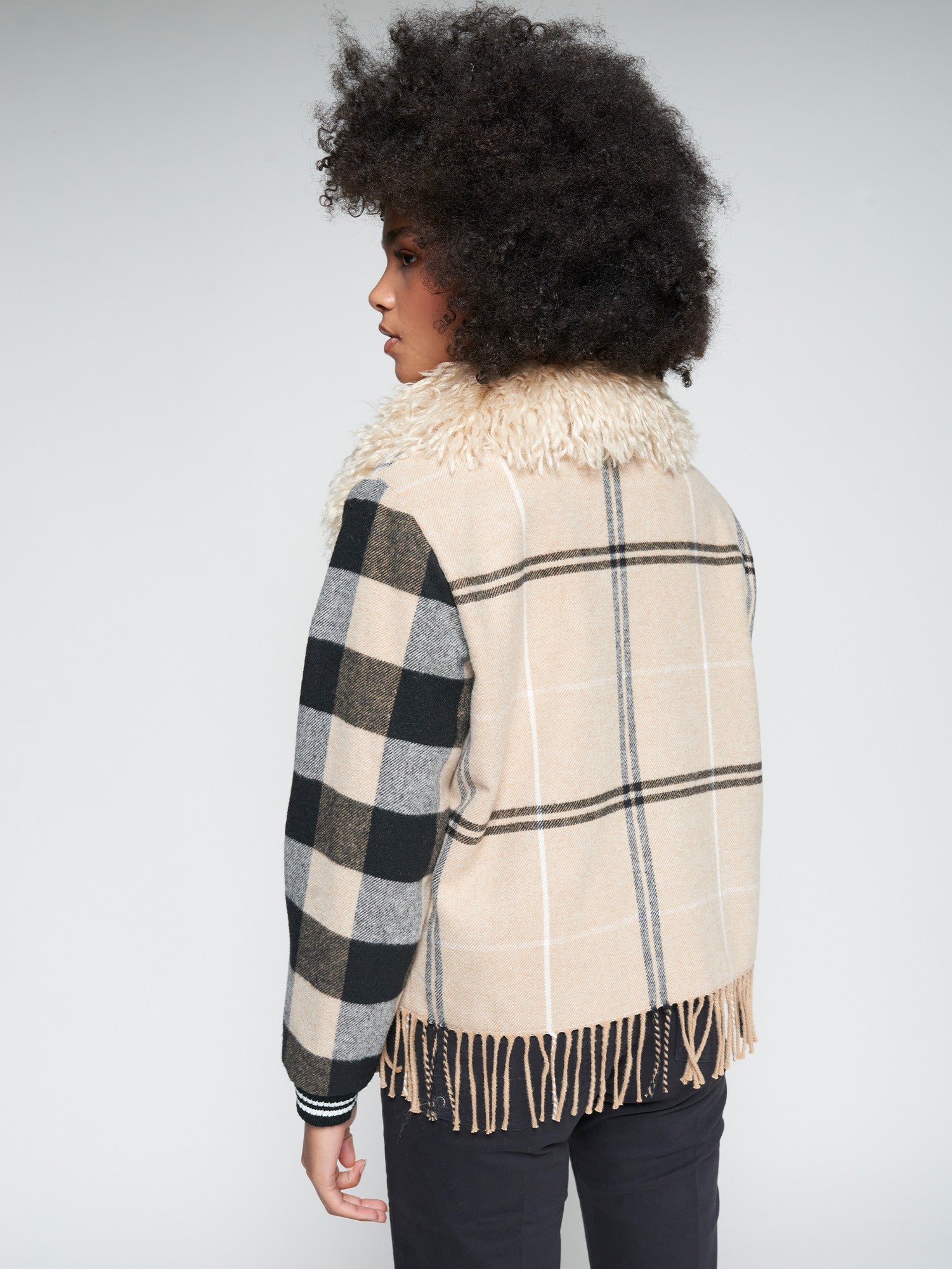 CHECKED WOOL BOMBER WITH FRINGES