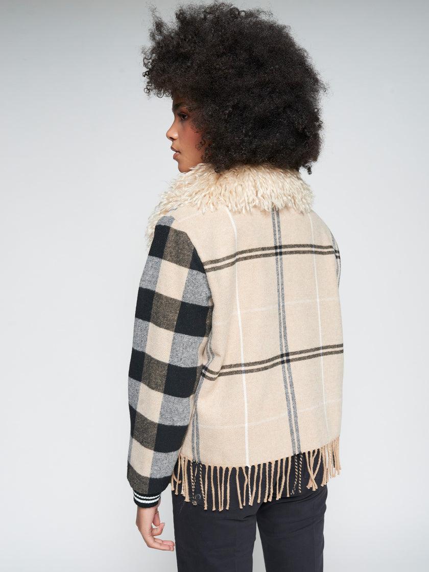 CHECKED WOOL BOMBER WITH FRINGES