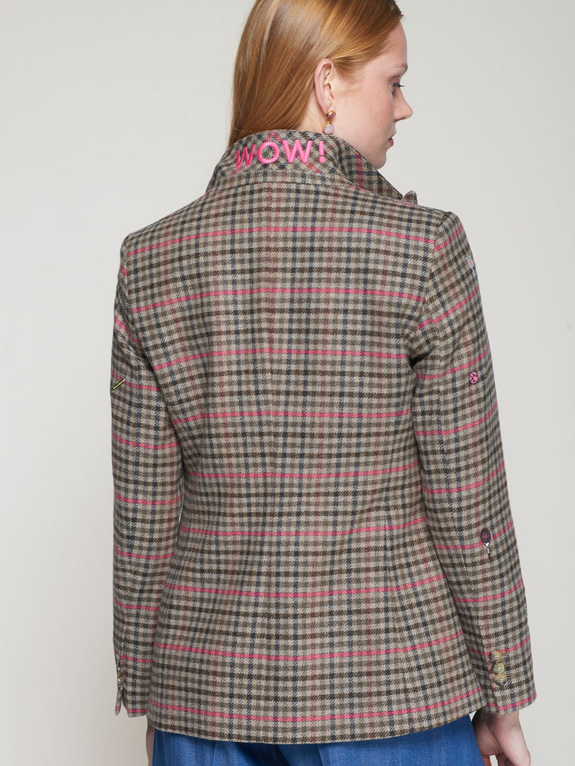 HEATHER PLAID JACKET WITH EMBROIDERY