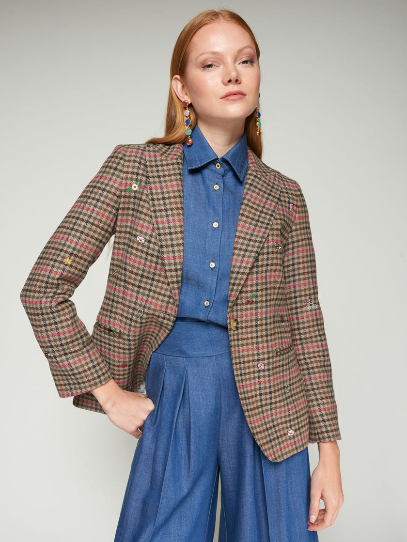 HEATHER PLAID JACKET WITH EMBROIDERY
