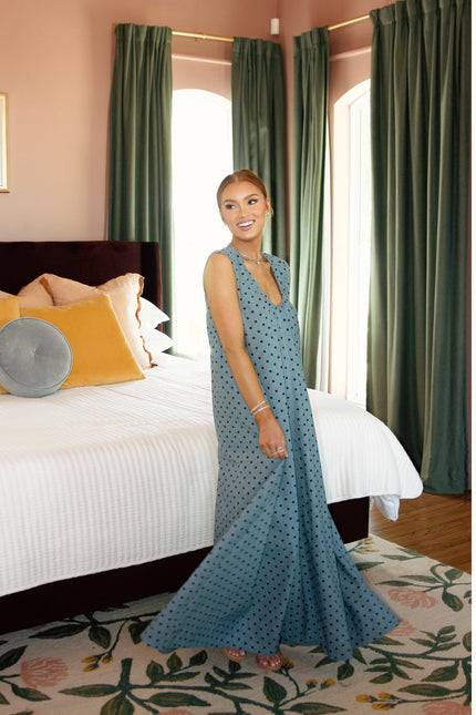 DENIM POLKA DOT SCOOP MAXI DRESS