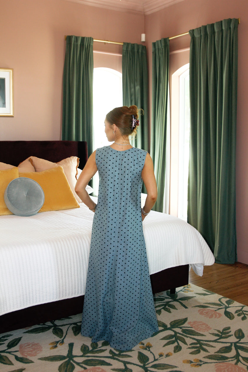 DENIM POLKA DOT SCOOP MAXI DRESS