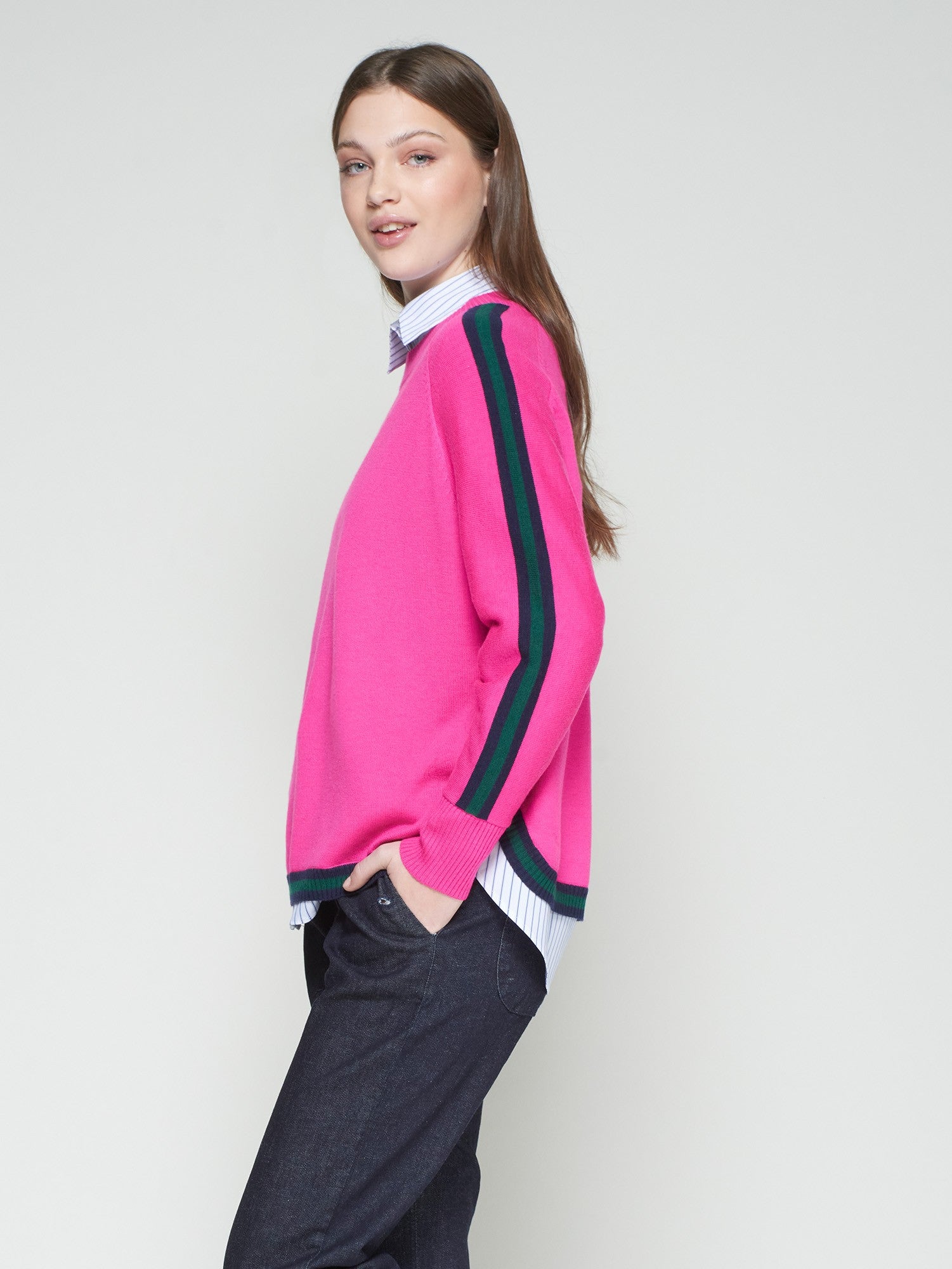 PINK WOOL SWEATER WITH NAVY TRIM