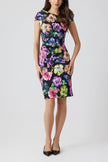 STRETCH GAZAR ASYMMETRICAL RUCHED FLORAL DRESS