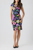 STRETCH GAZAR ASYMMETRICAL RUCHED FLORAL DRESS