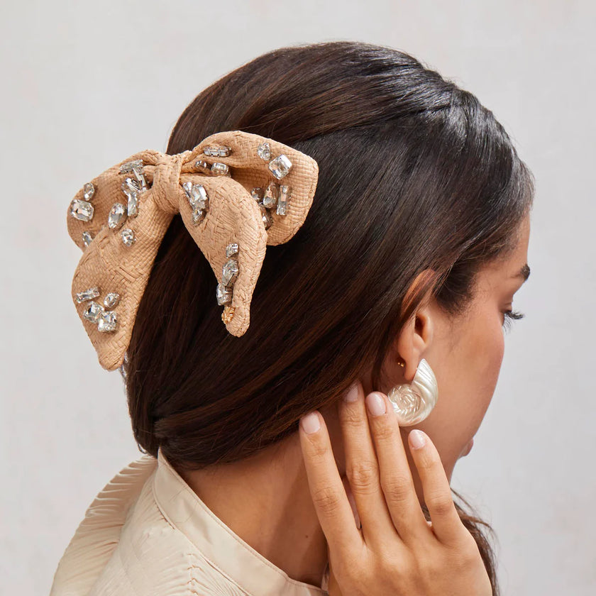 NATURAL LIBBY CANDY CRYSTAL RAFFIA BOW