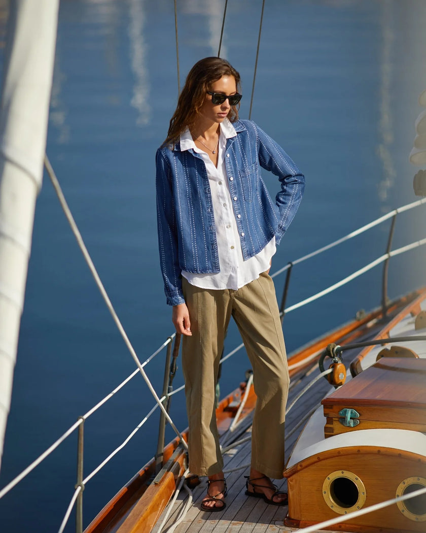 LONG SLEEVE CROPPED SHIRT IN INDIGO STRIPE