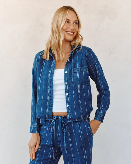 LONG SLEEVE CROPPED SHIRT IN INDIGO STRIPE