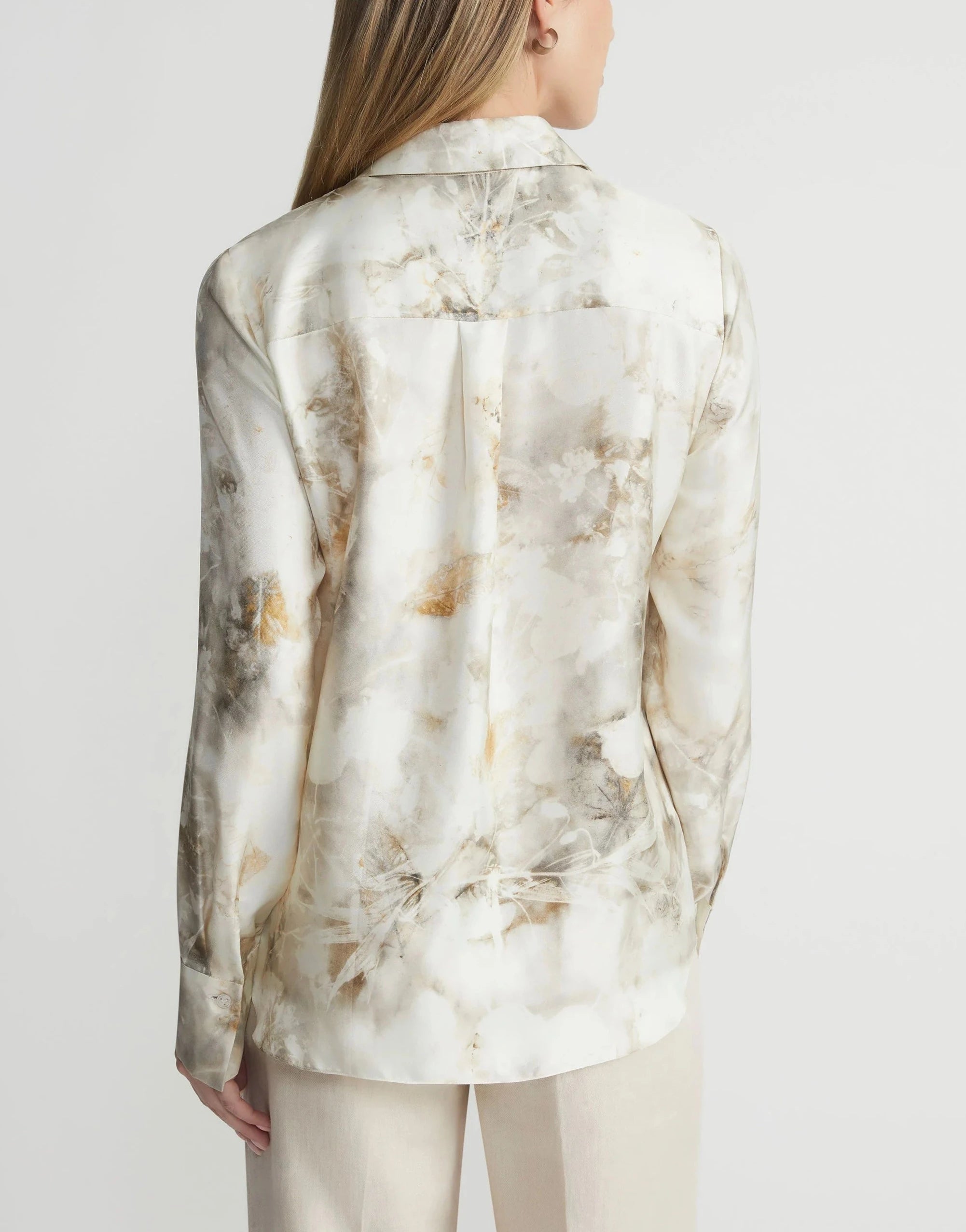 ECO LEAVES PRINT SILK TWILL BUTTONED BLOUSE