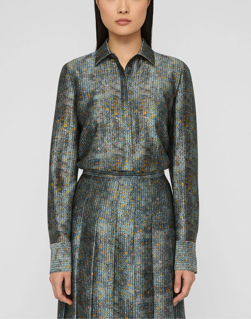TEXTILE PRINT TEXTURED SILK BUTTON BLOUSE