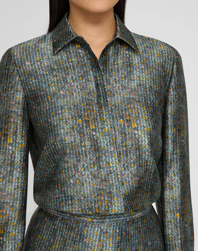 TEXTILE PRINT TEXTURED SILK BUTTON BLOUSE