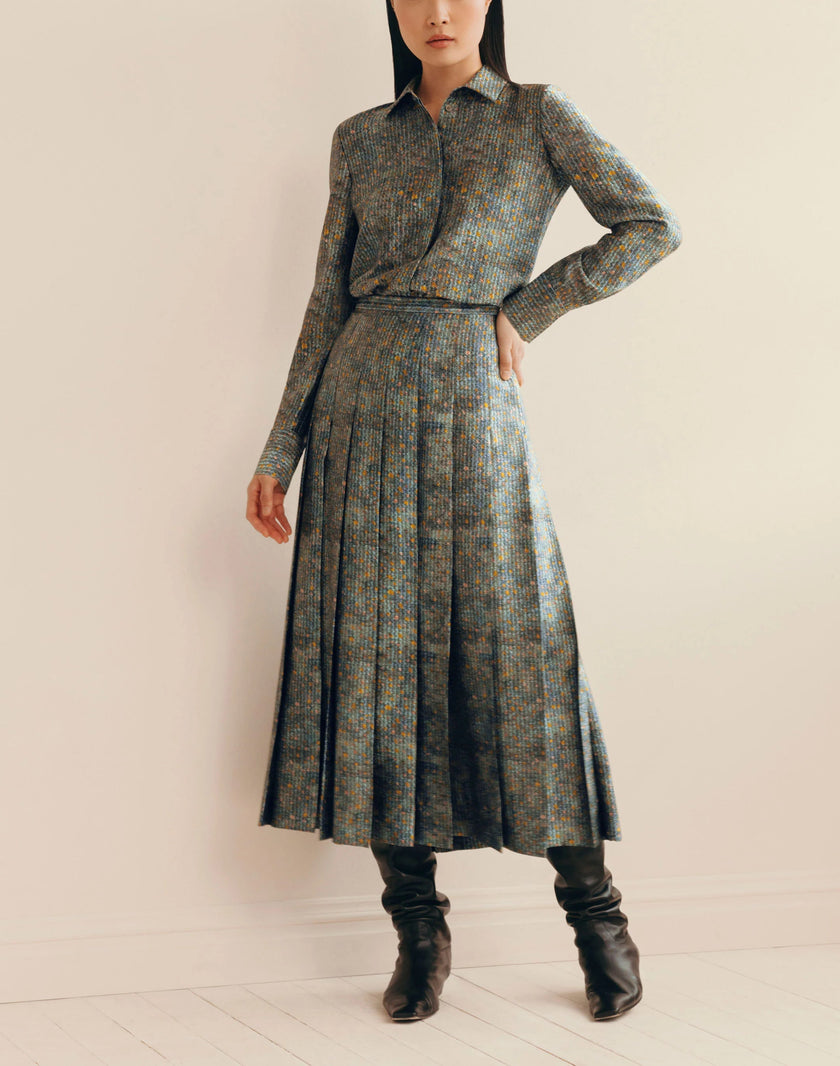 TEXTILE PRINT TEXTURED SILK BUTTON BLOUSE