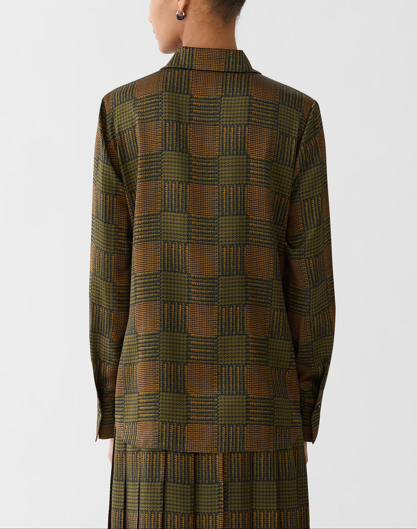 GLEN PLAID PRINT SILK BUTTON BLOUSE