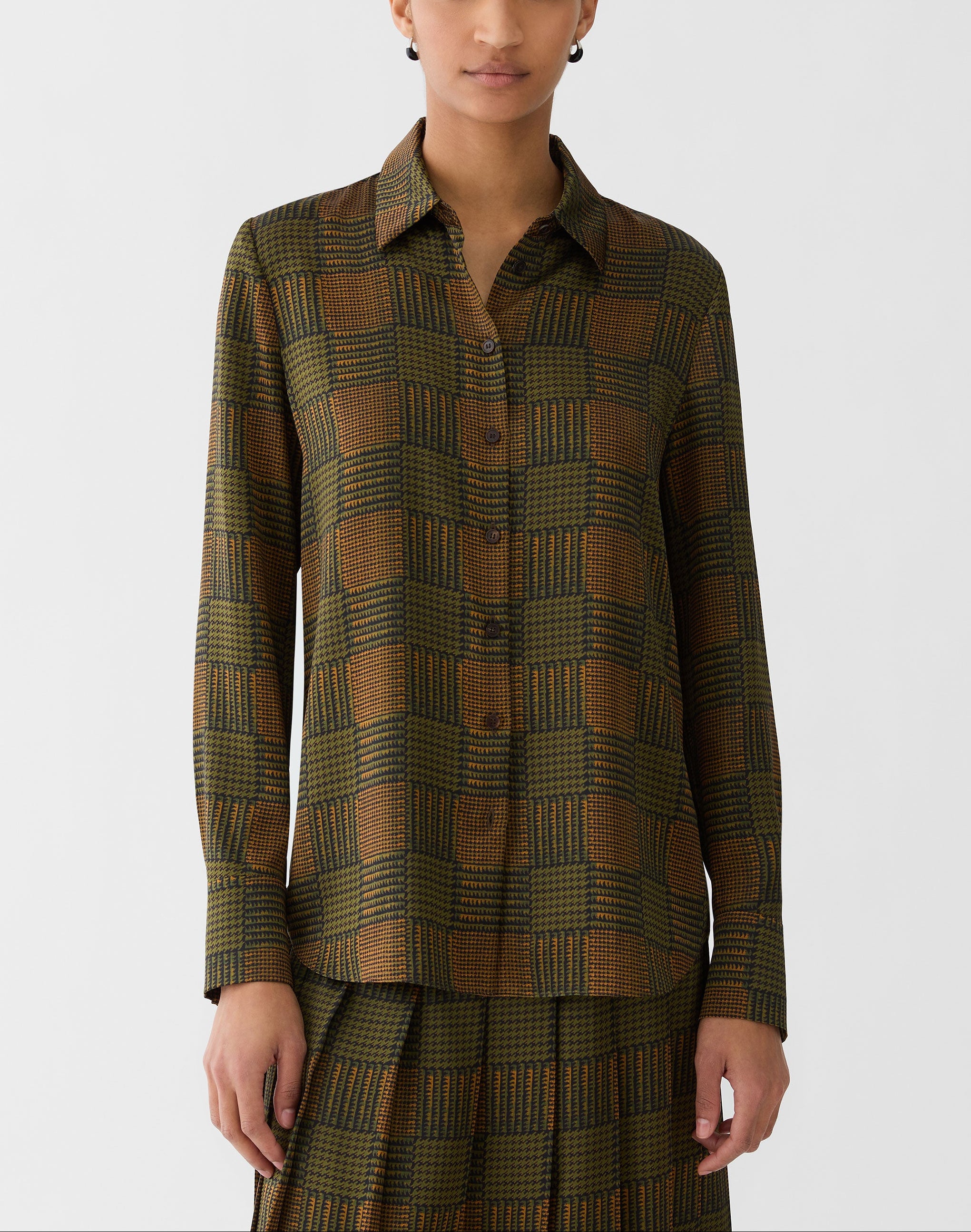 GLEN PLAID PRINT SILK BUTTON BLOUSE