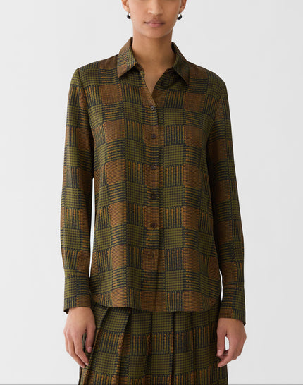 GLEN PLAID PRINT SILK BUTTON BLOUSE