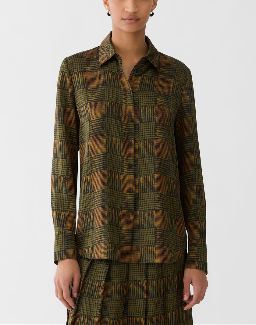 GLEN PLAID PRINT SILK BUTTON BLOUSE