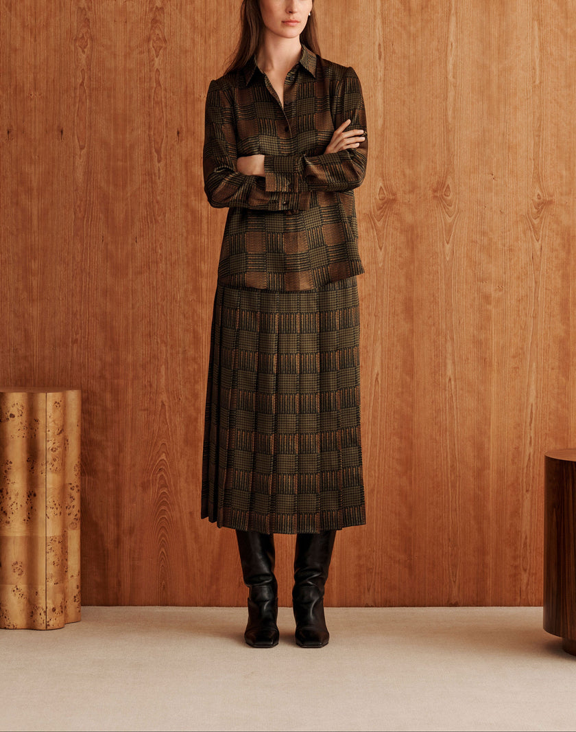 GLEN PLAID PRINT SILK BUTTON BLOUSE