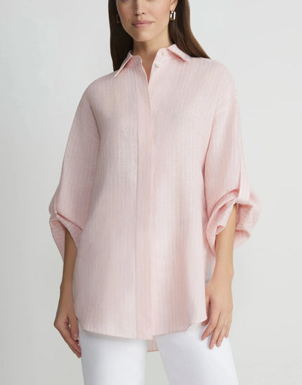 STRIPE LINEN TAB SLEEVE BLOUSE