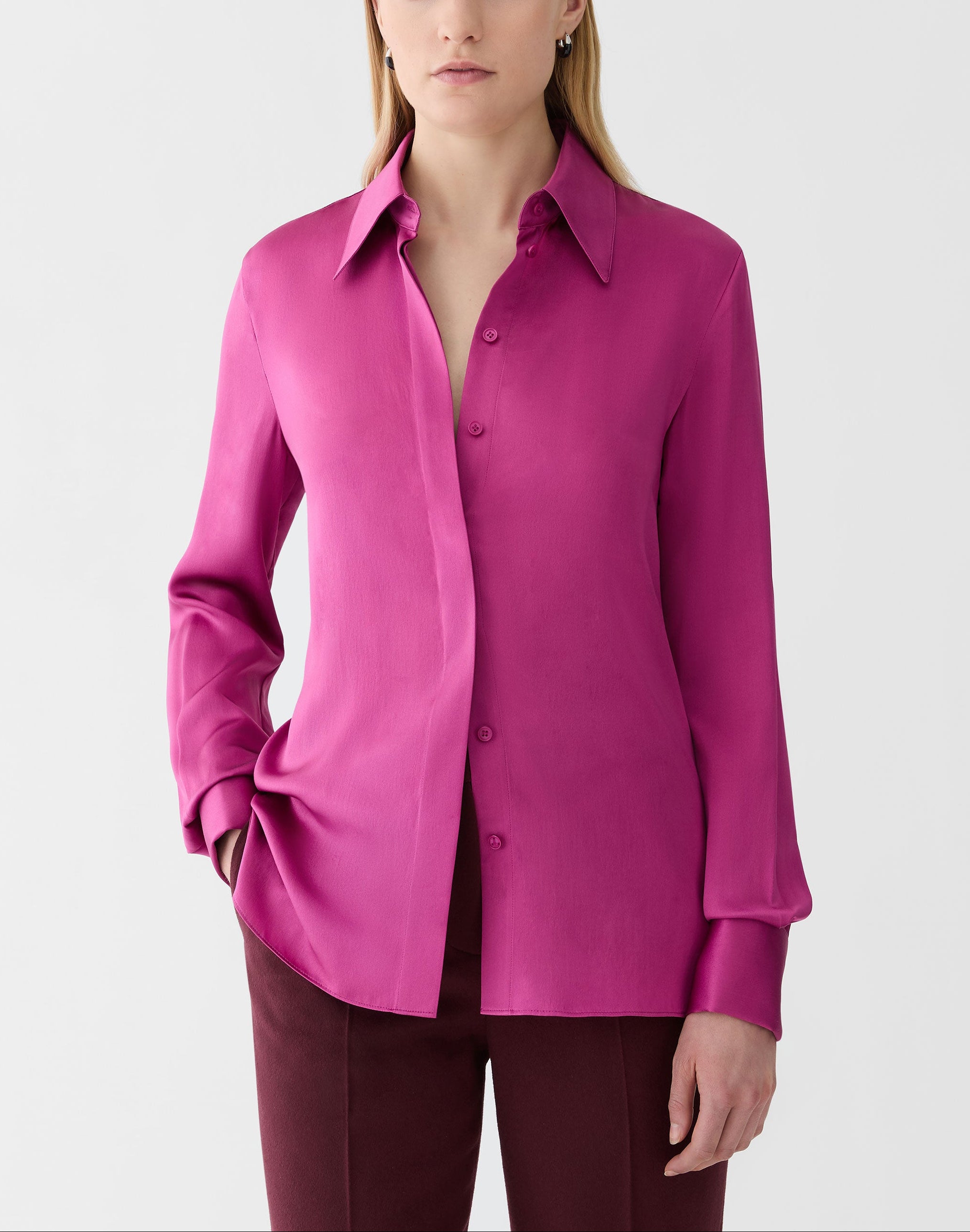 SILK CHARMEUSE FRENCH CUFF BLOUSE IN MULBERRY