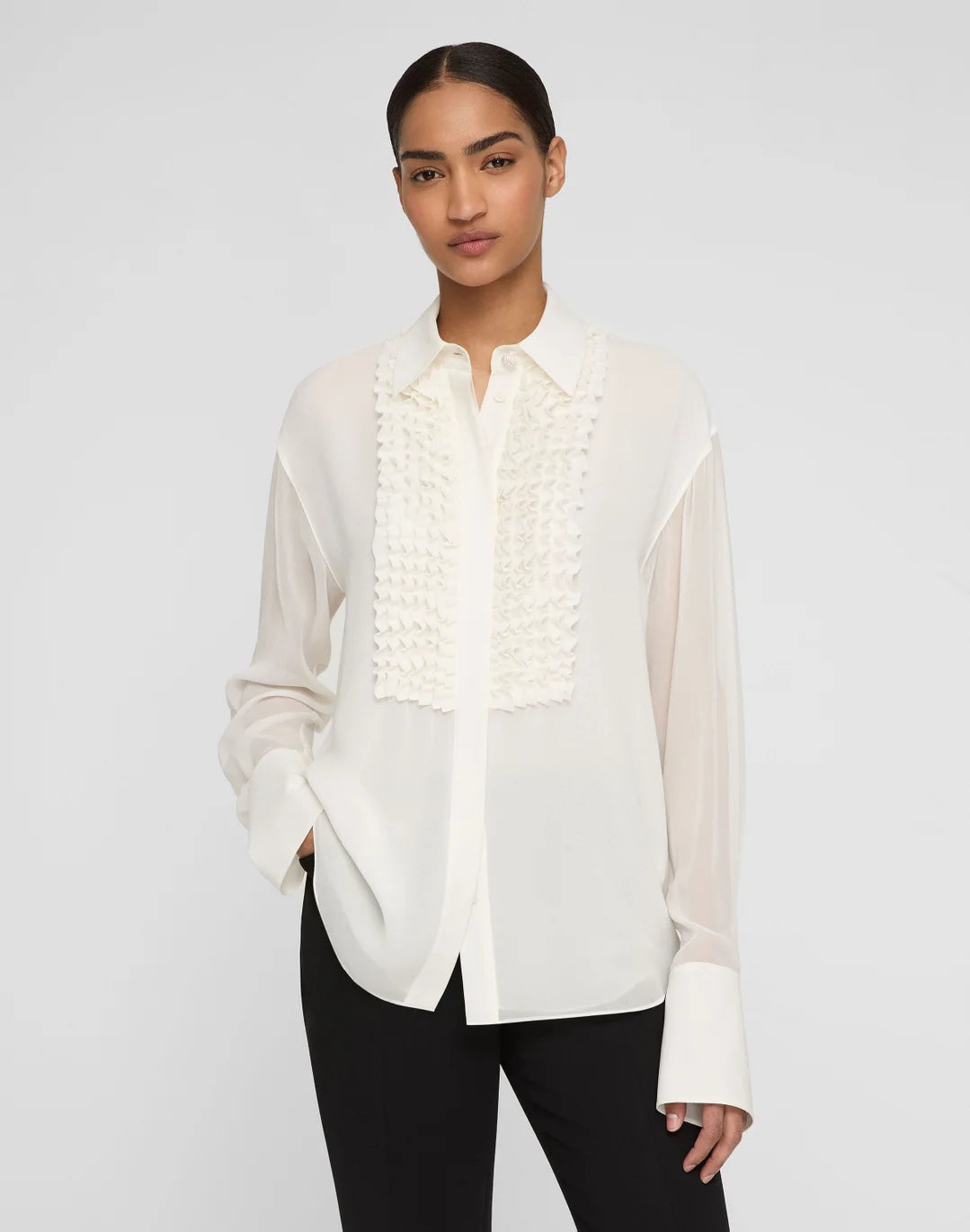 SILK GEORGETTE RUFFLED TUXEDO BLOUSE