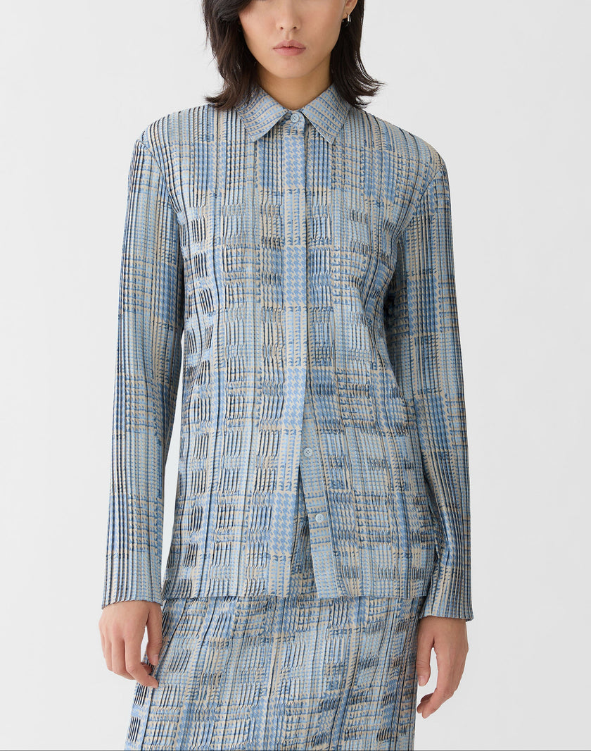 GLEN PLAID TWILL PLISSE BLOUSE
