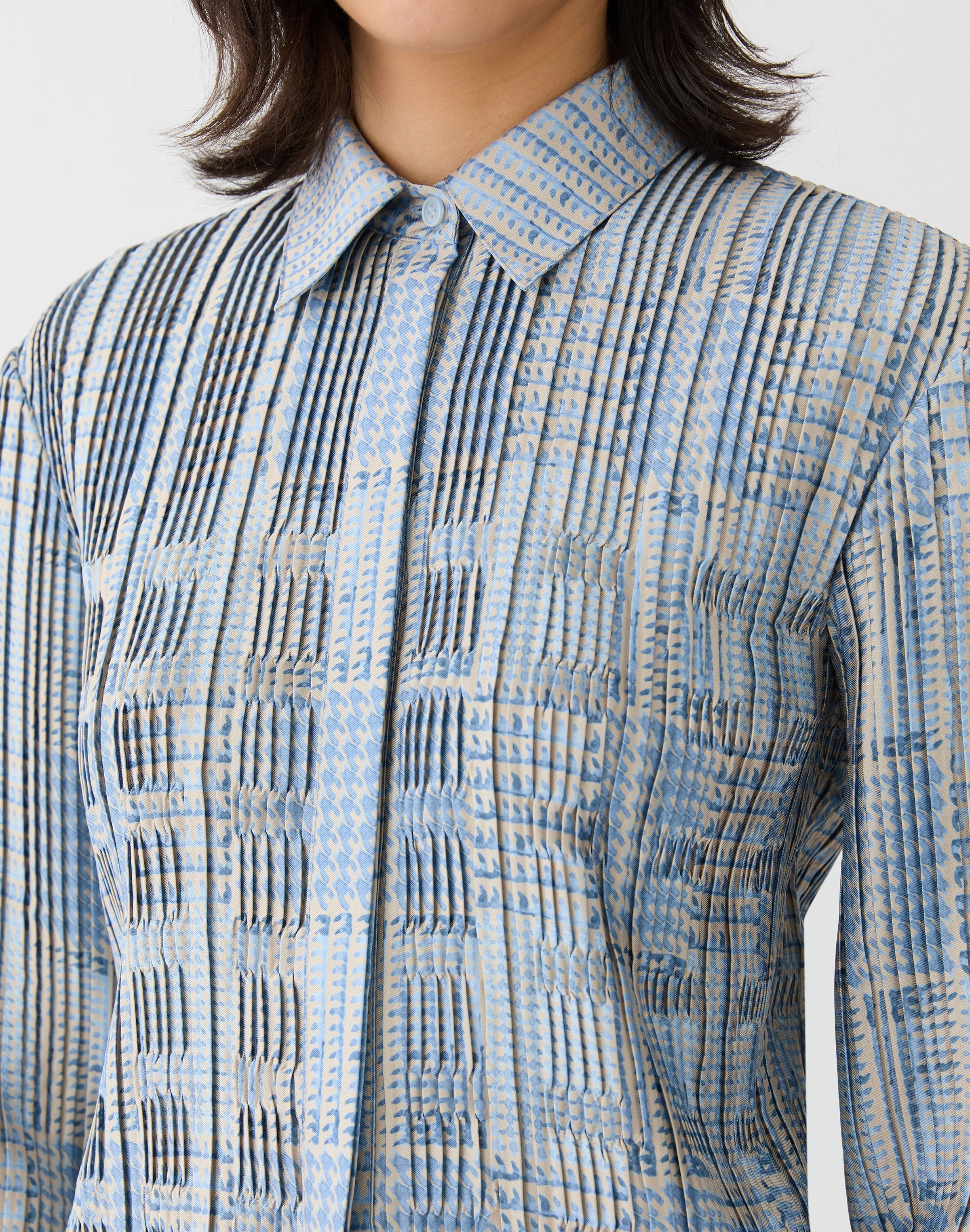 GLEN PLAID TWILL PLISSE BLOUSE