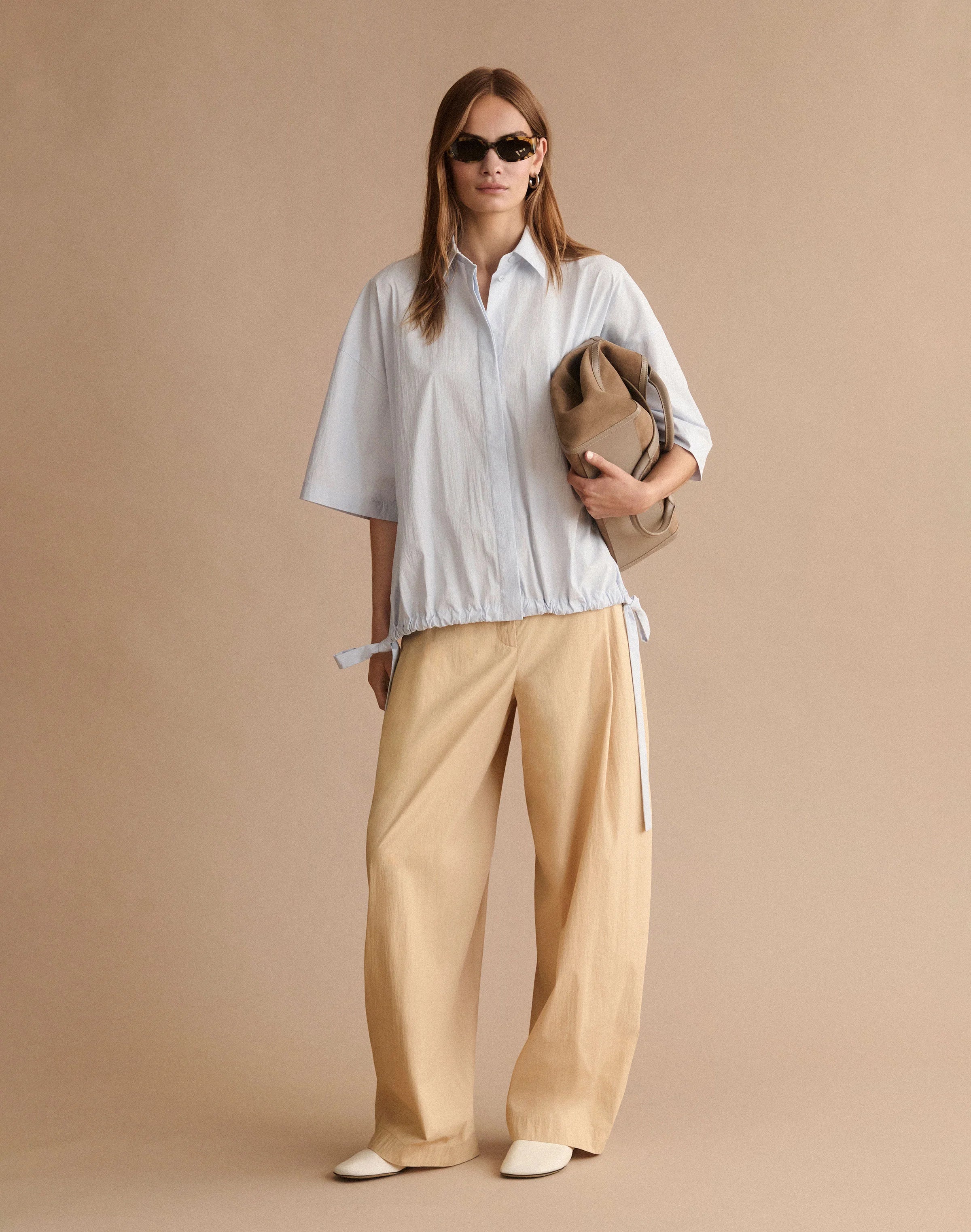 TRAVEL COTTON GATHERED TIE OVERSIZED SHIRT