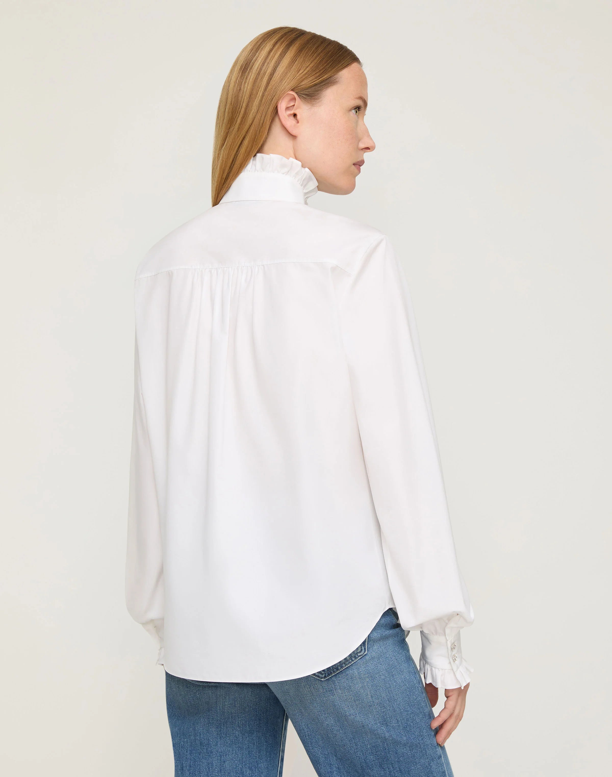 ORGANIC COTTON POPLIN CRYSTAL BUTTON RUFFLE SHIRT