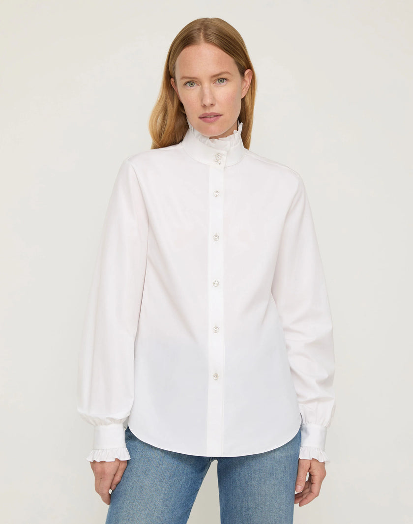 ORGANIC COTTON POPLIN CRYSTAL BUTTON RUFFLE SHIRT