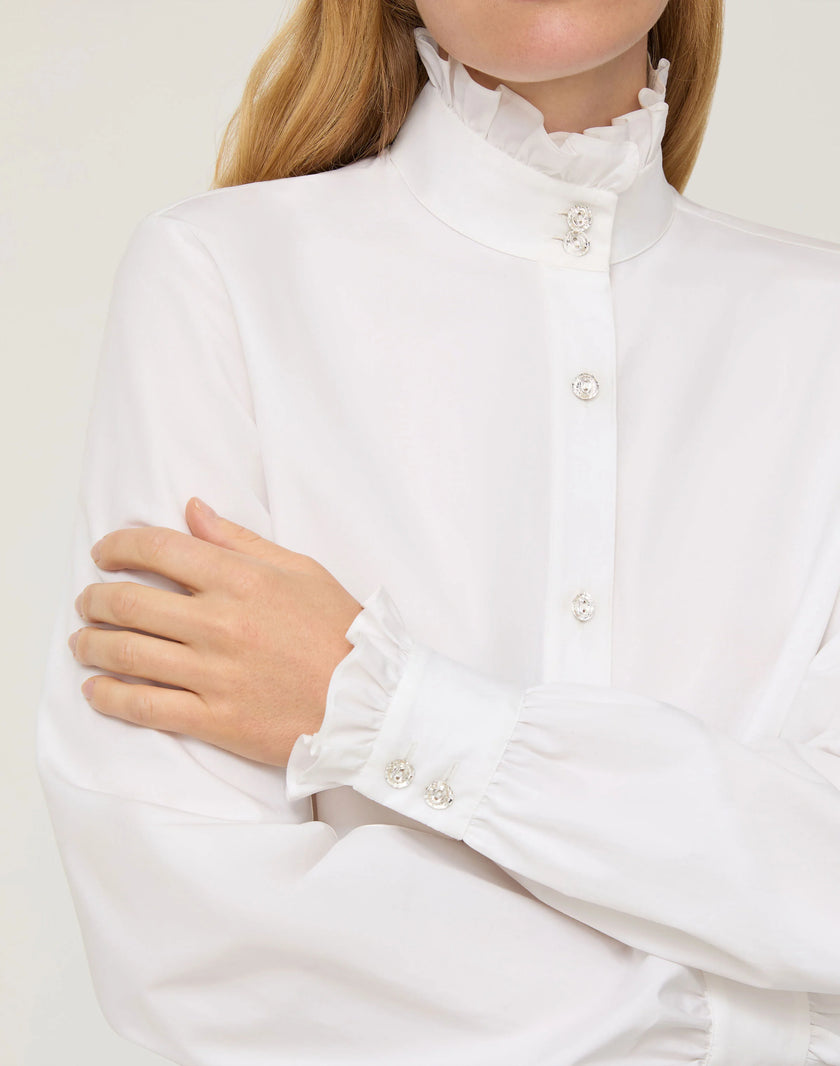 ORGANIC COTTON POPLIN CRYSTAL BUTTON RUFFLE SHIRT