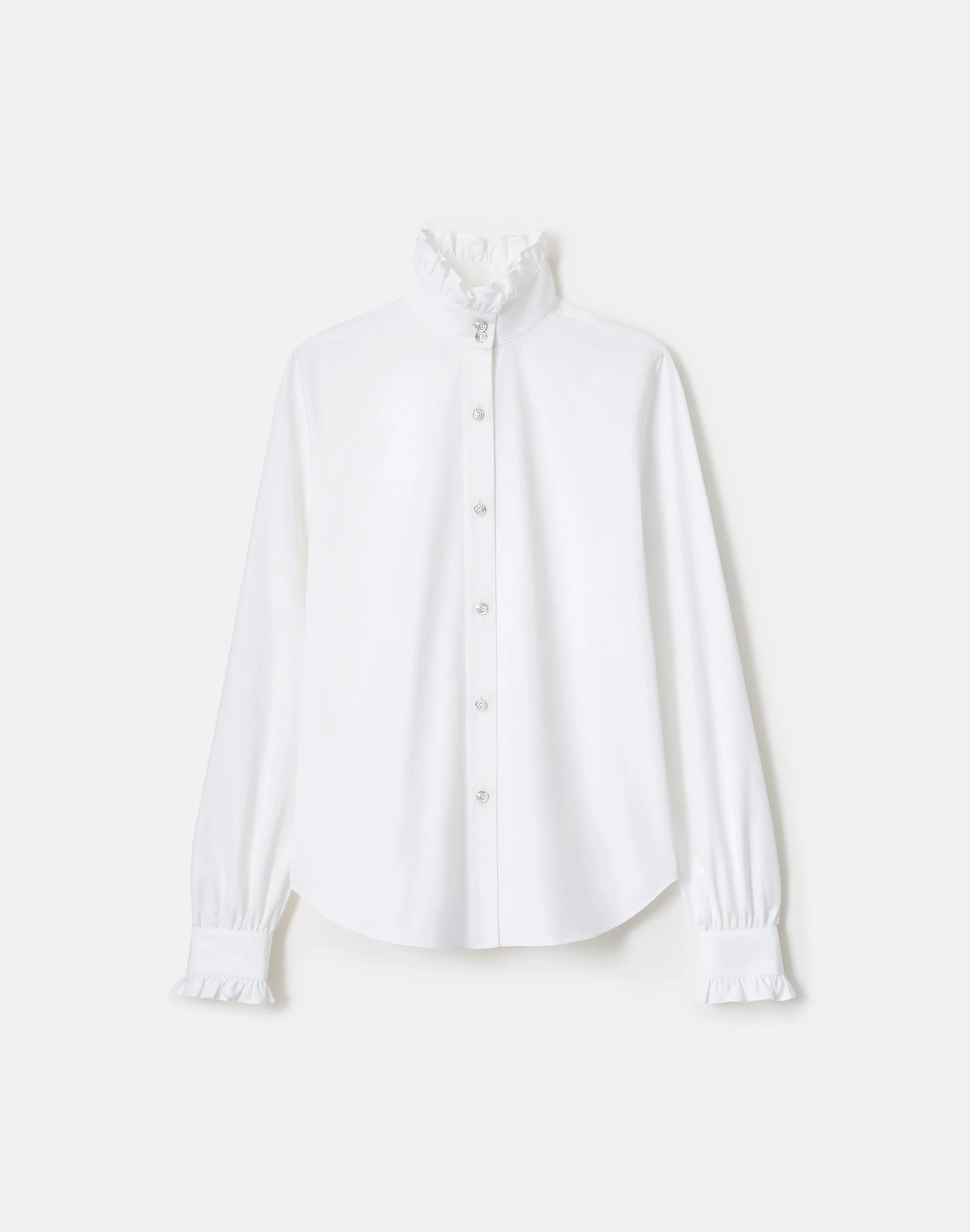 ORGANIC COTTON POPLIN CRYSTAL BUTTON RUFFLE SHIRT
