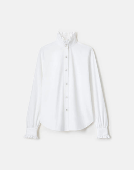 ORGANIC COTTON POPLIN CRYSTAL BUTTON RUFFLE SHIRT
