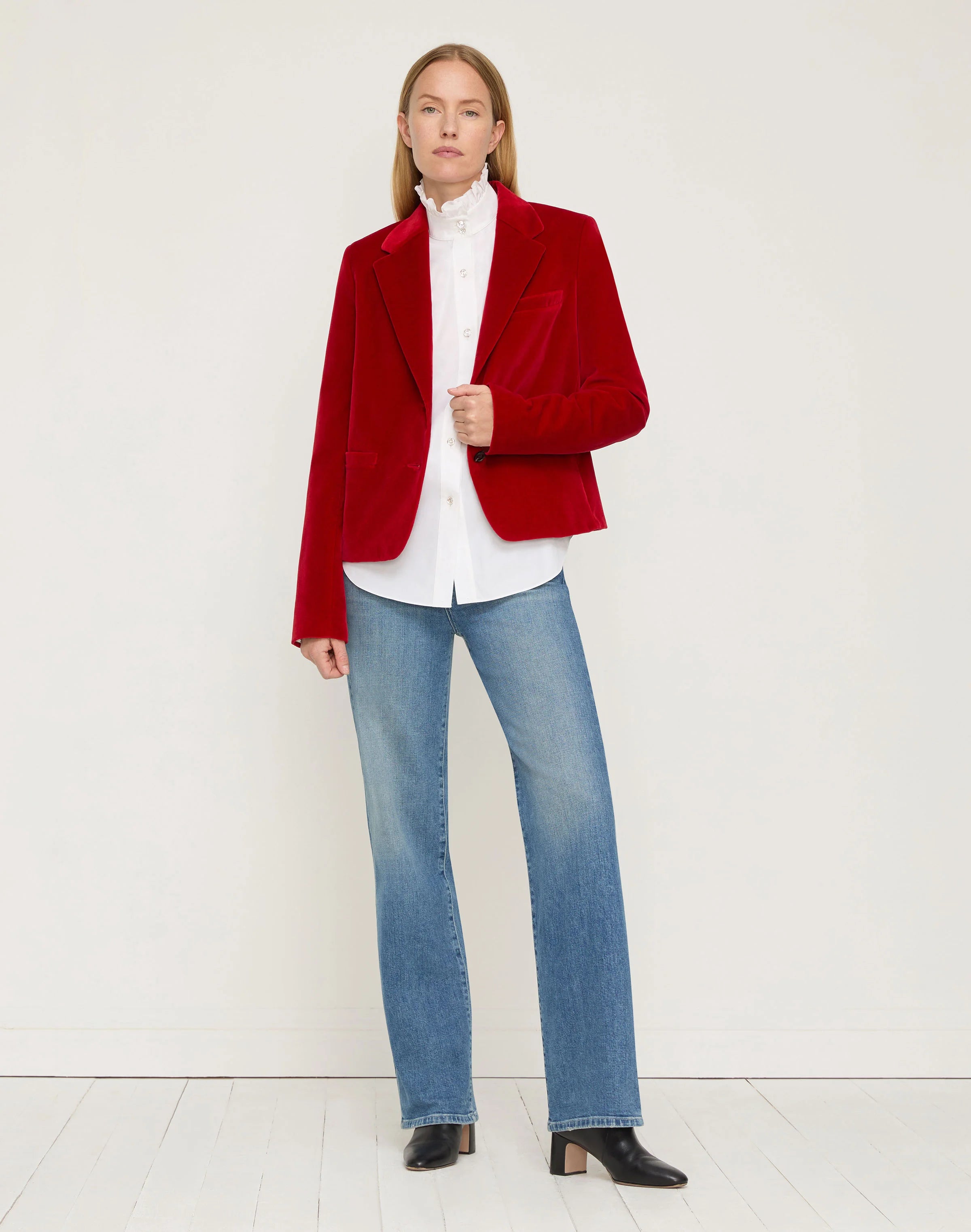 ORGANIC COTTON POPLIN CRYSTAL BUTTON RUFFLE SHIRT