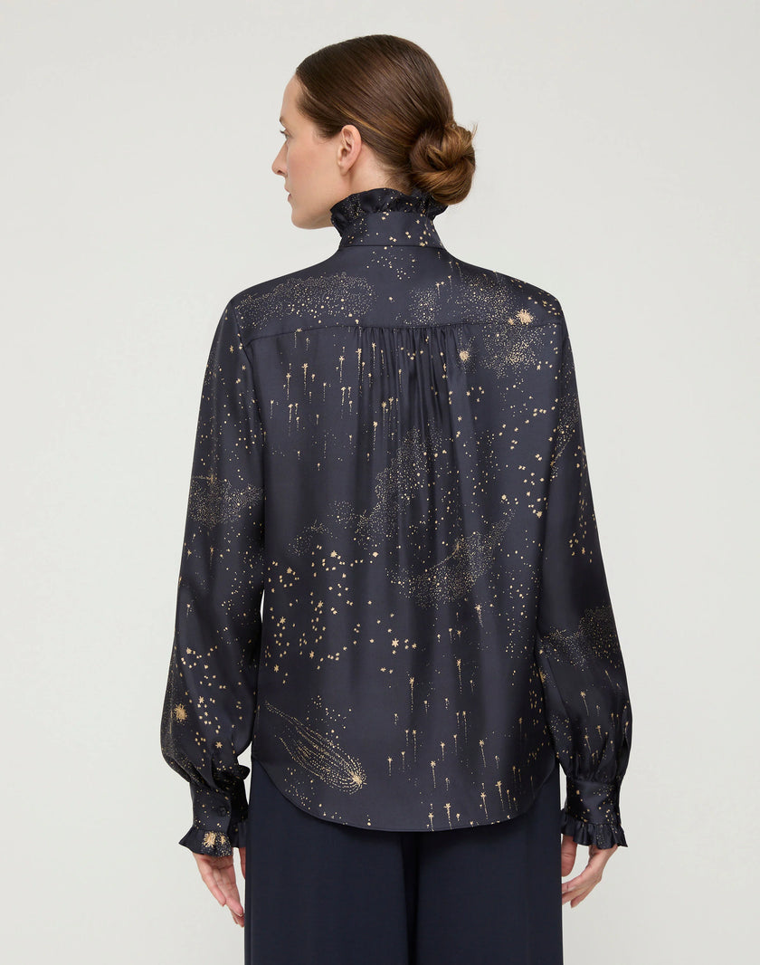 COSMOS PRINT SILK TWILL RUFFLE BLOUSE