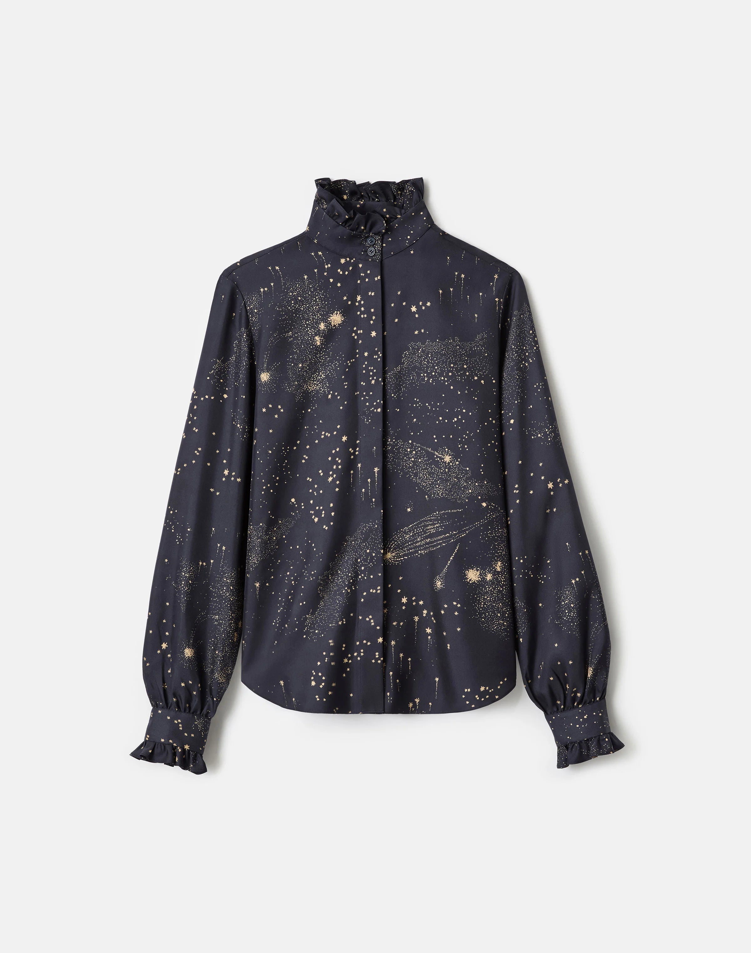 COSMOS PRINT SILK TWILL RUFFLE BLOUSE