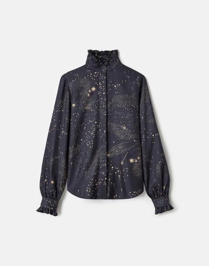COSMOS PRINT SILK TWILL RUFFLE BLOUSE