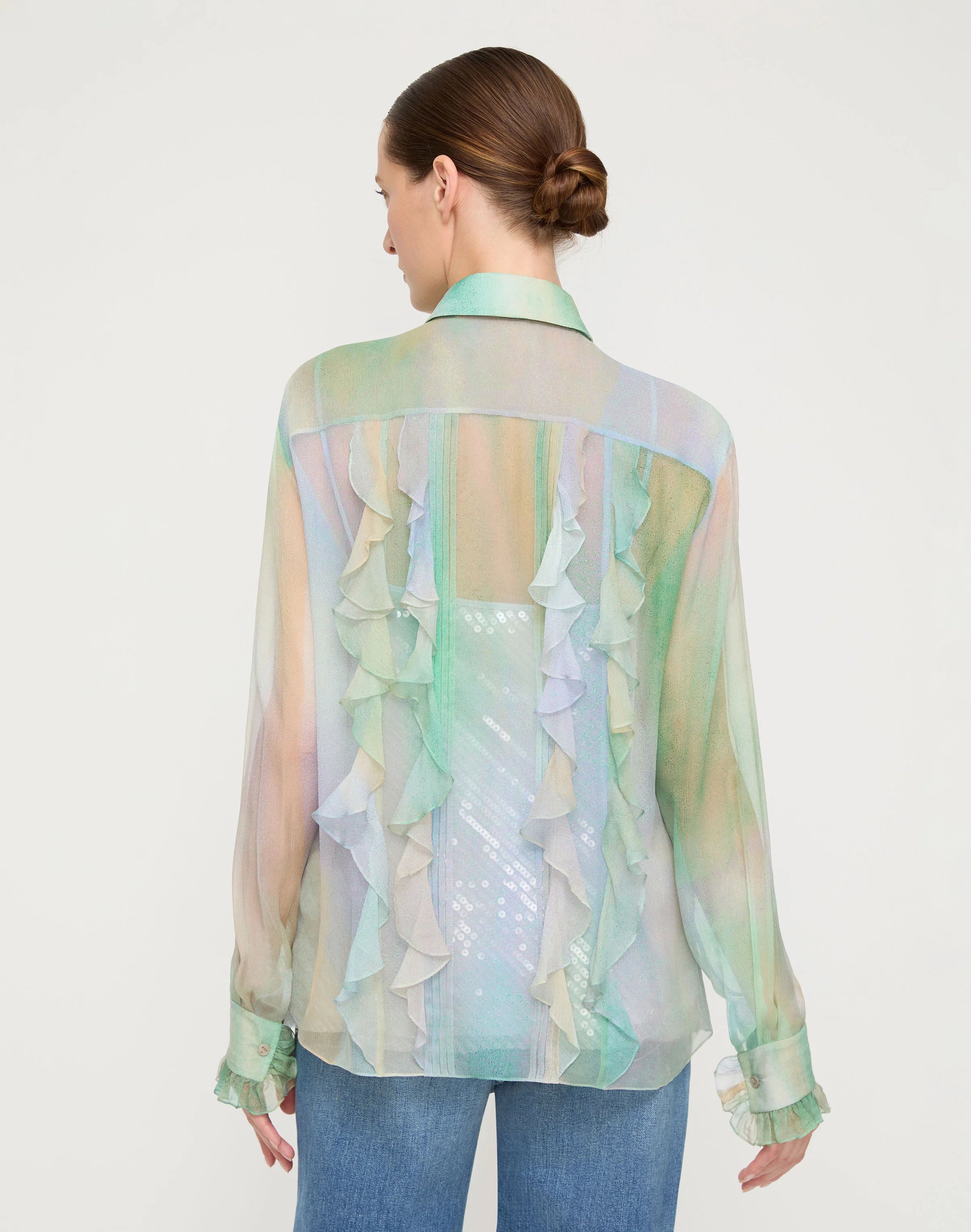 AURORA PRINT SILK CREPON BOW BLOUSE AND SEQUIN CAMISOLE