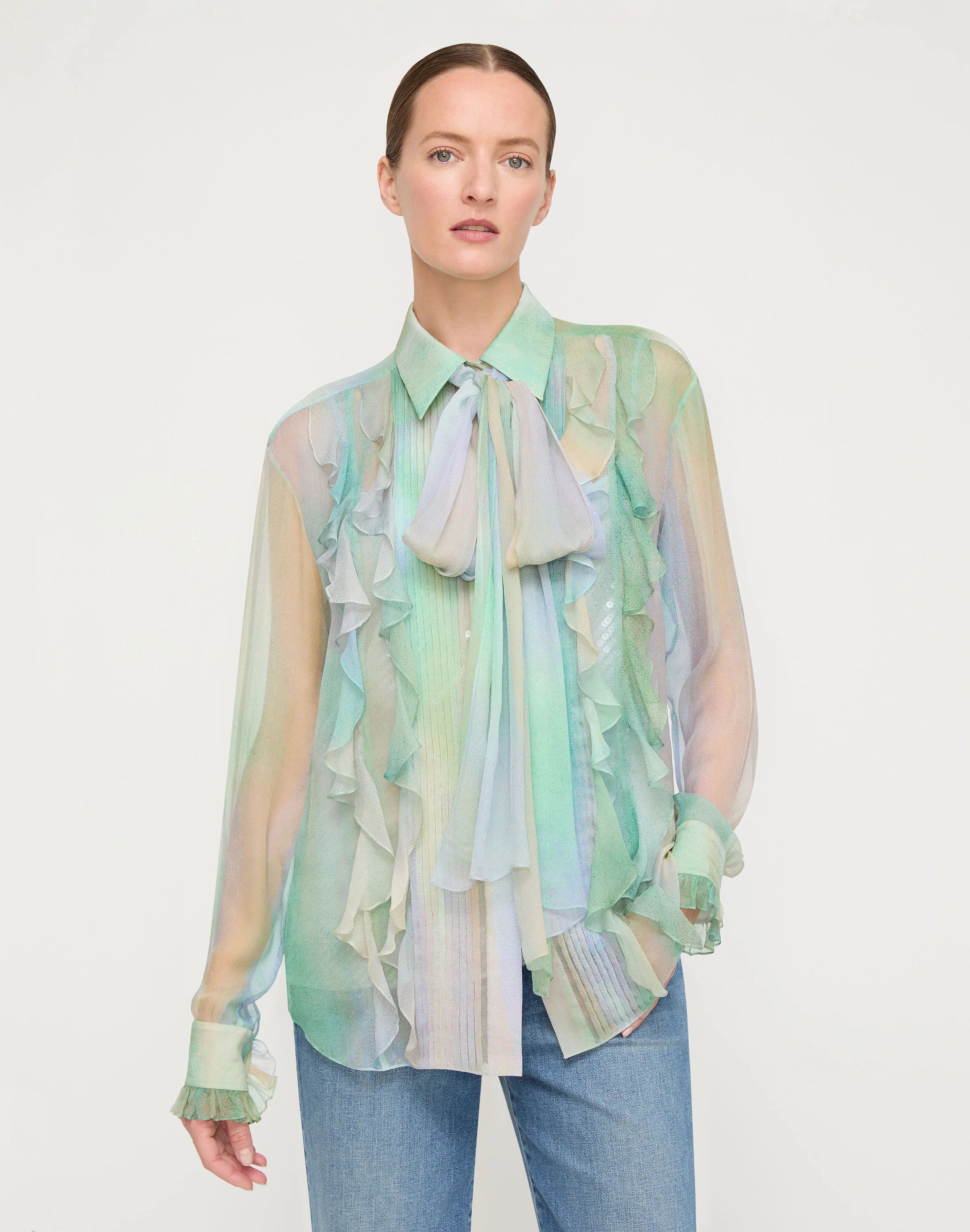 AURORA PRINT SILK CREPON BOW BLOUSE AND SEQUIN CAMISOLE