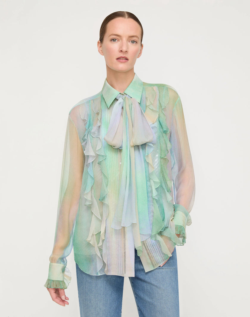 AURORA PRINT SILK CREPON BOW BLOUSE AND SEQUIN CAMISOLE