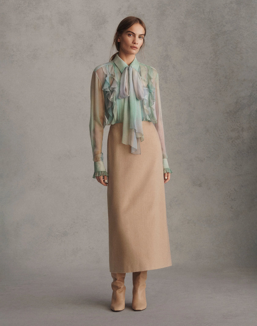 AURORA PRINT SILK CREPON BOW BLOUSE AND SEQUIN CAMISOLE