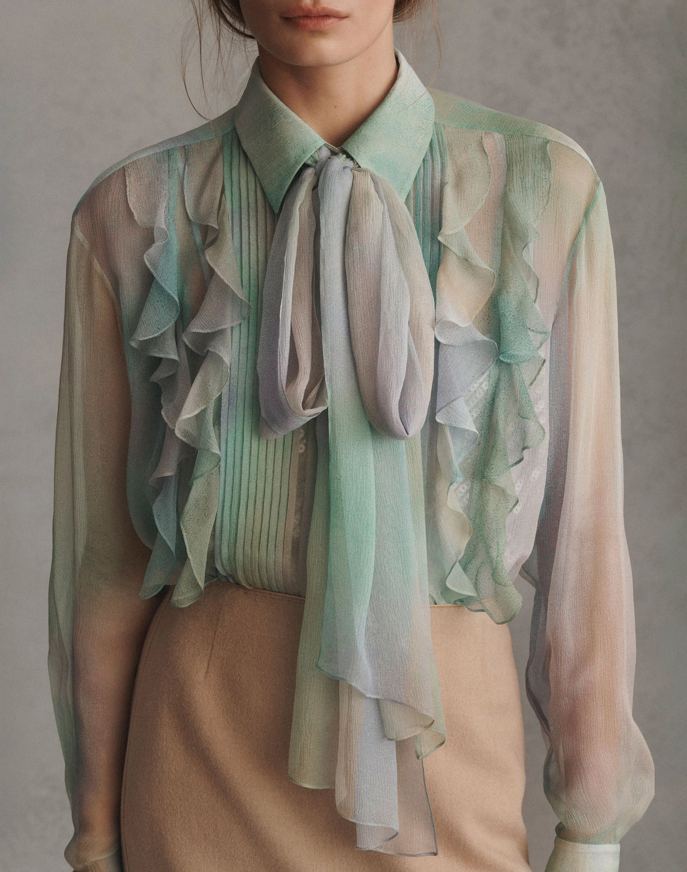 AURORA PRINT SILK CREPON BOW BLOUSE AND SEQUIN CAMISOLE