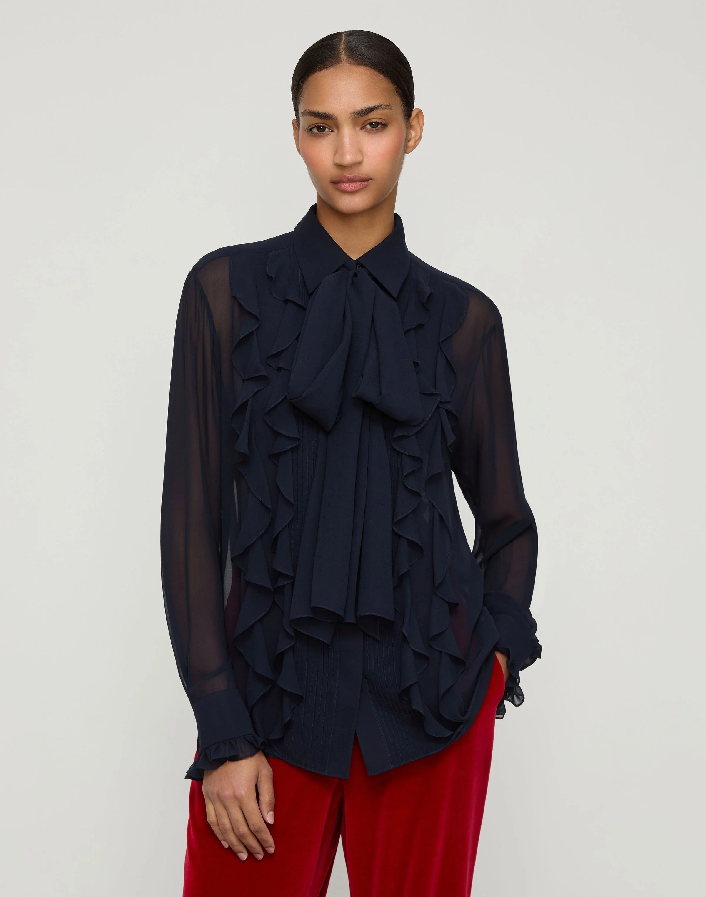 SILK GEORGETTE RUFFLE BOW BLOUSE