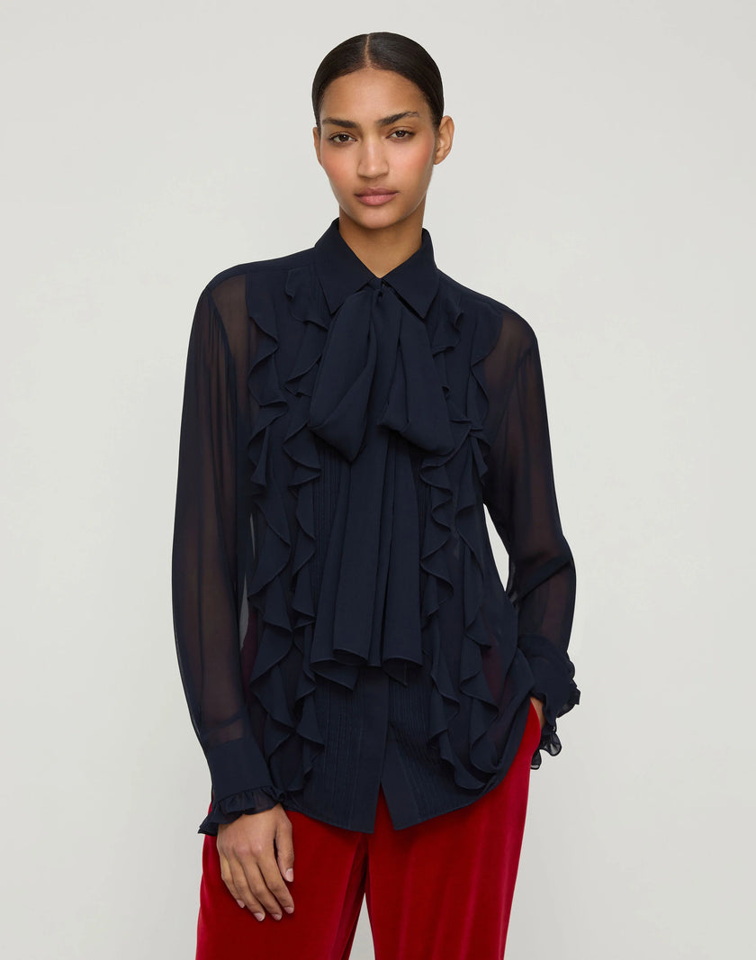 SILK GEORGETTE RUFFLE BOW BLOUSE