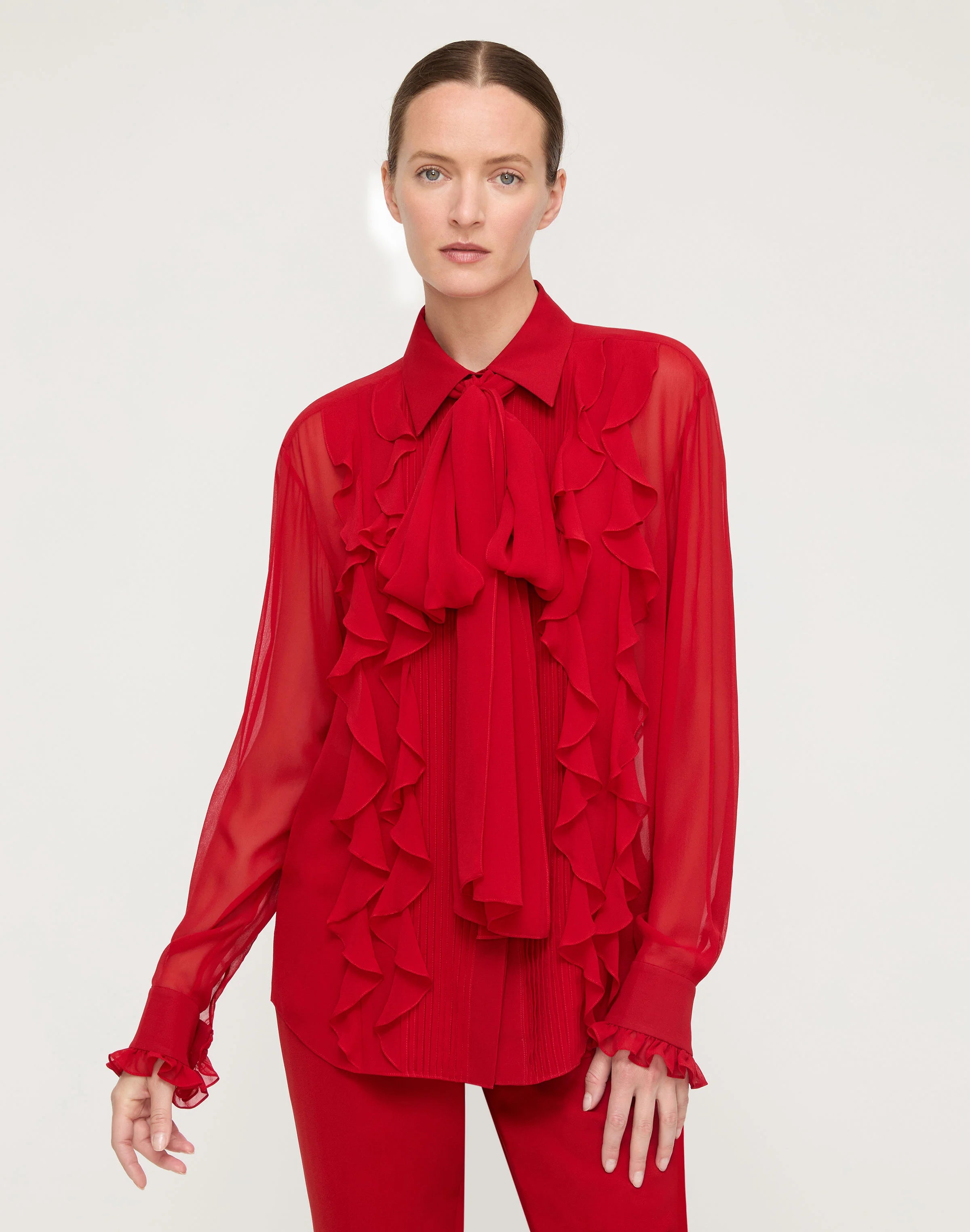 SILK GEORGETTE RUFFLE BOW BLOUSE