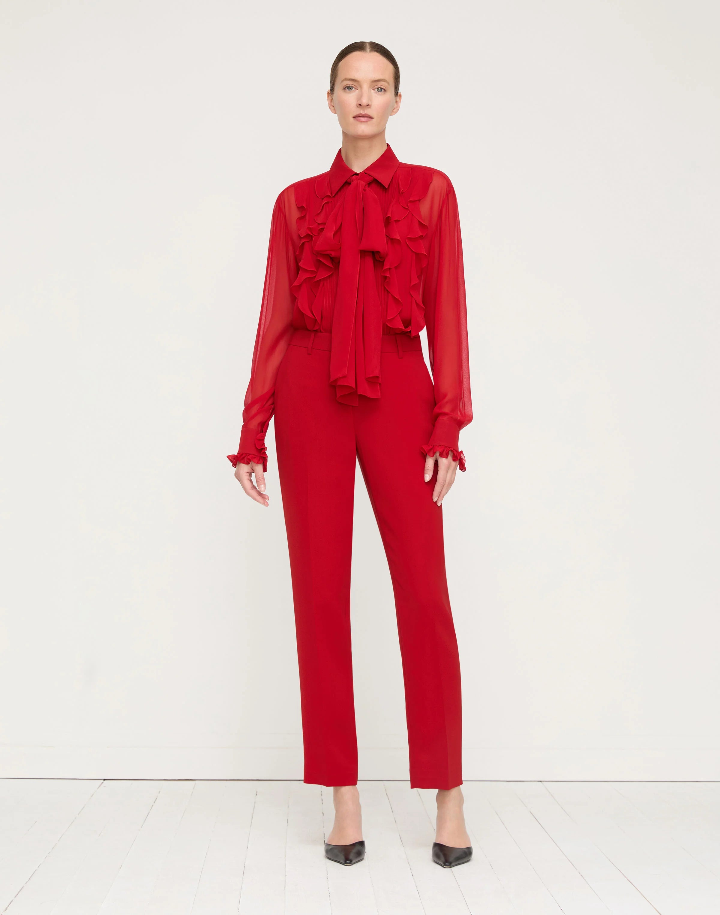 SILK GEORGETTE RUFFLE BOW BLOUSE