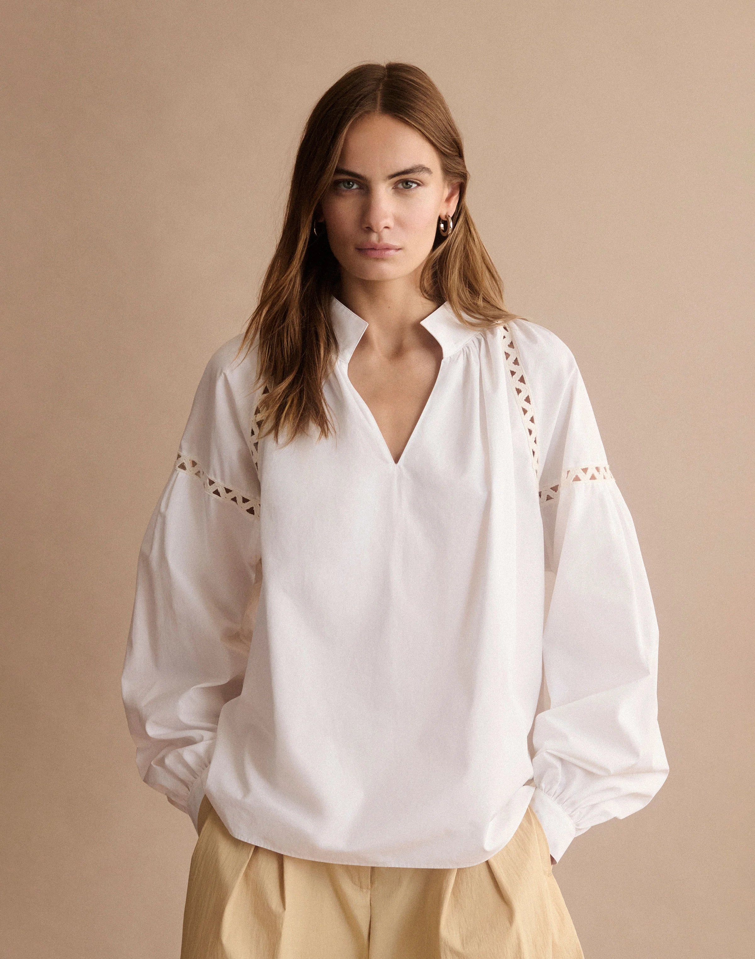 ORGANIC COTTON POPLIN SOUTACHE TRIM POPOVER SHIRT