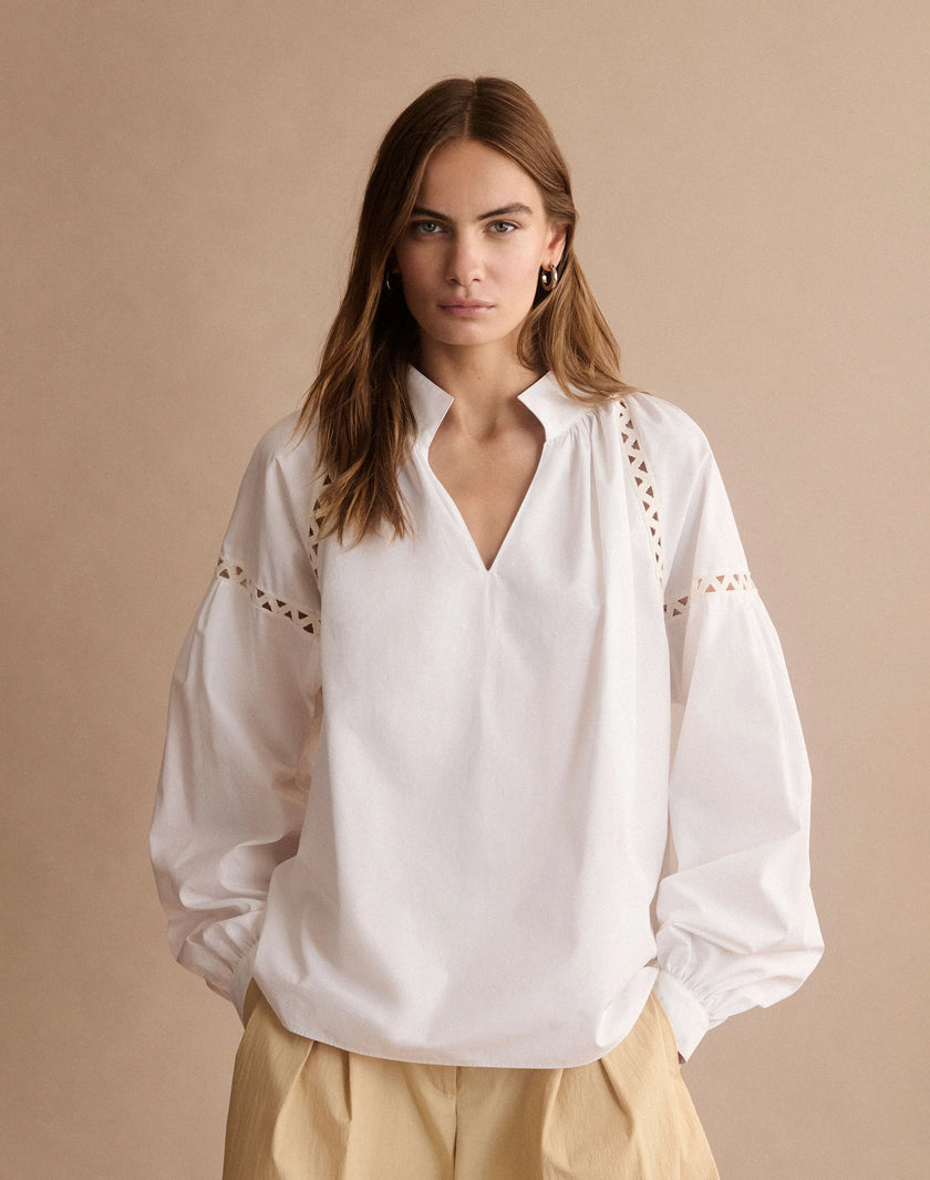 ORGANIC COTTON POPLIN SOUTACHE TRIM POPOVER SHIRT