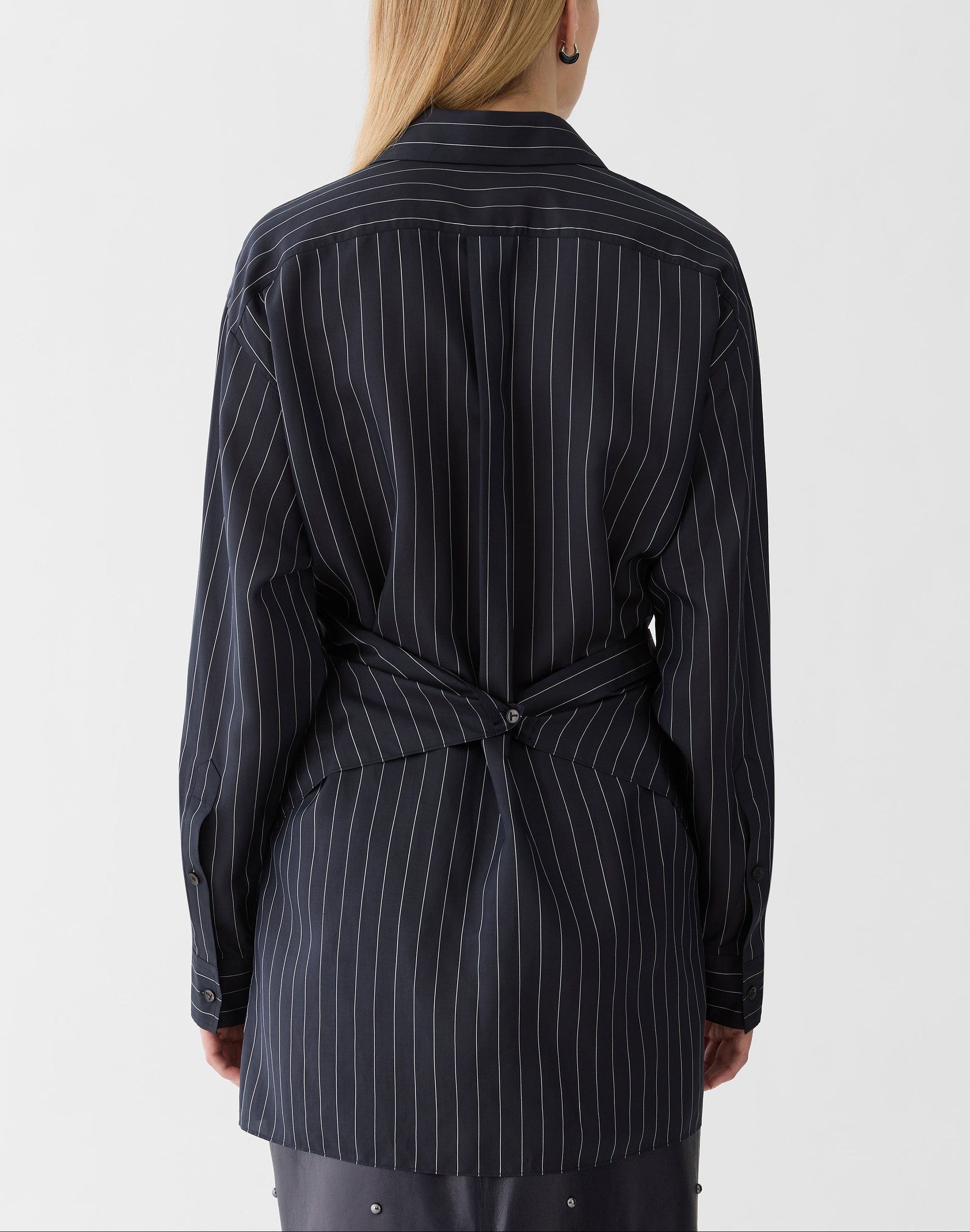 PINSTRIPE SILK CONVERTIBLE WRAP BLOUSE