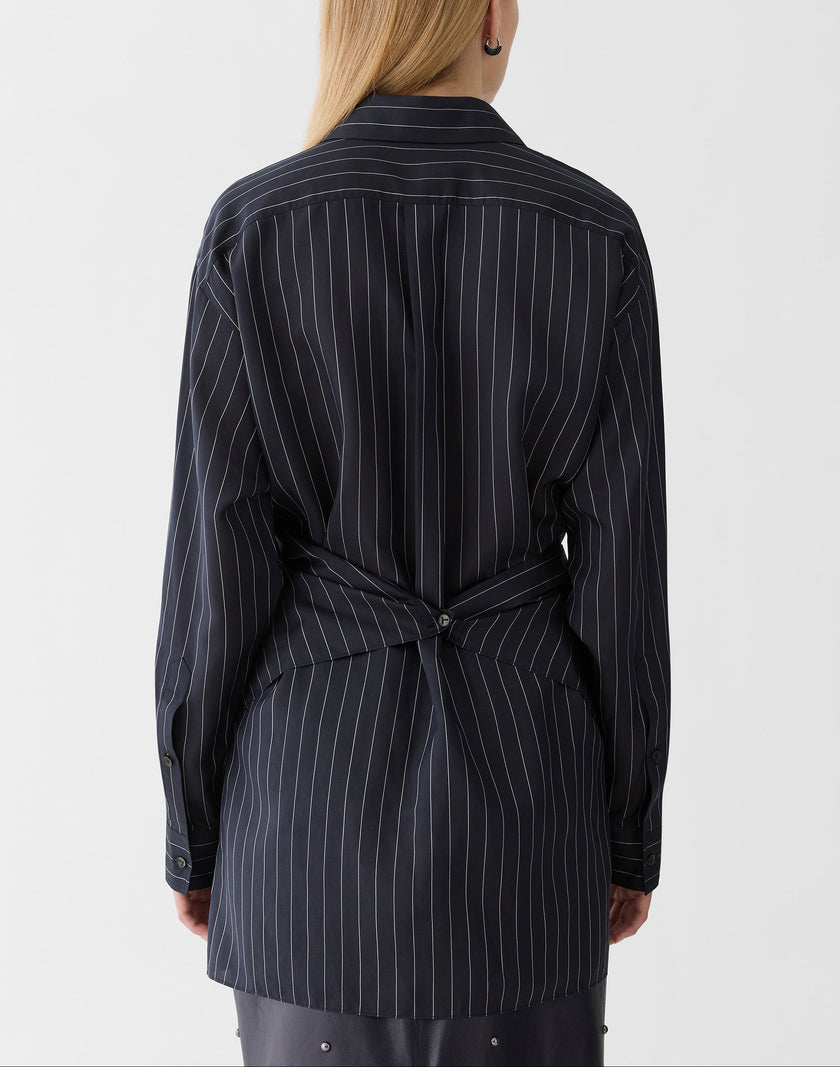 PINSTRIPE SILK CONVERTIBLE WRAP BLOUSE