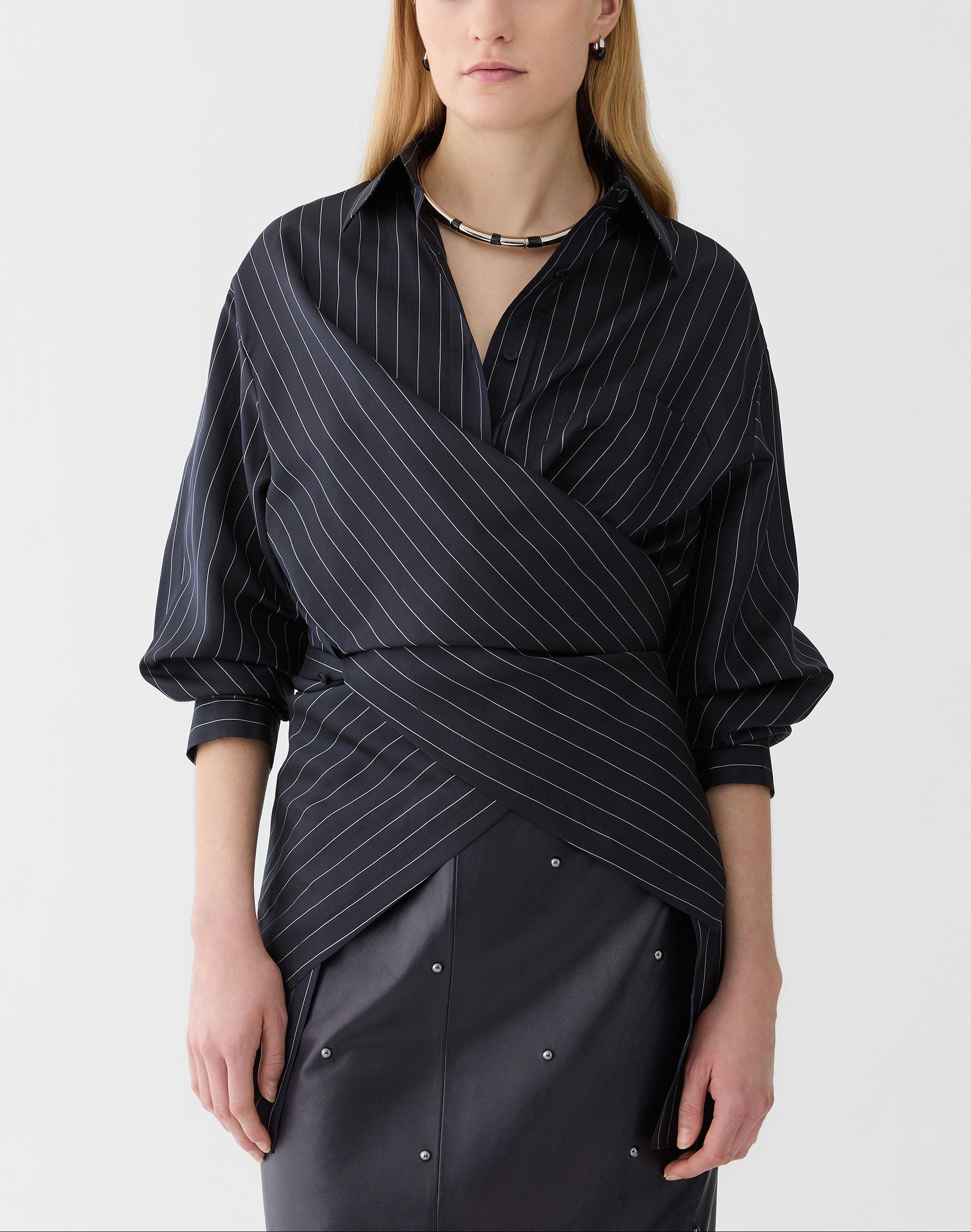 PINSTRIPE SILK CONVERTIBLE WRAP BLOUSE